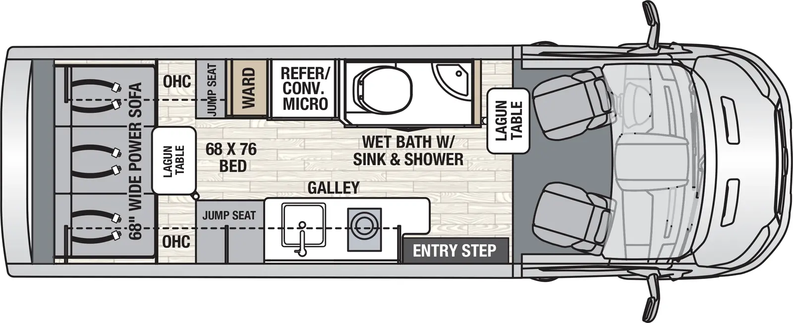 The Beyond 22C has 0 slideouts and 1 entry door and rear doors. Interior layout from front to back; lagun table; door side Galley kitchen with LP cooktop and sink near entry; off door wet bath with toilet, sink and shower; off door side convection microwave and refrigerator and wardrobe next to jump seat with overhead cabinets; rear lagun table with 68 inch wide power sofa and overhead cabinets. 68 inch by 76 inch Bed from sofa.
